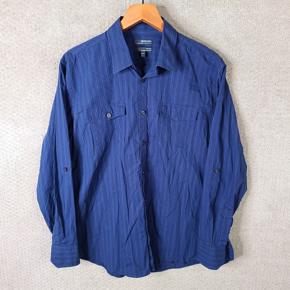 Murano Shirt Mens Large Blue Striped Button Down Cotton Stretch Long‎ Sleeve